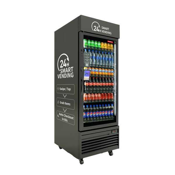 HAHA Max 620 open-door smart vending machine stocked with cold drinks